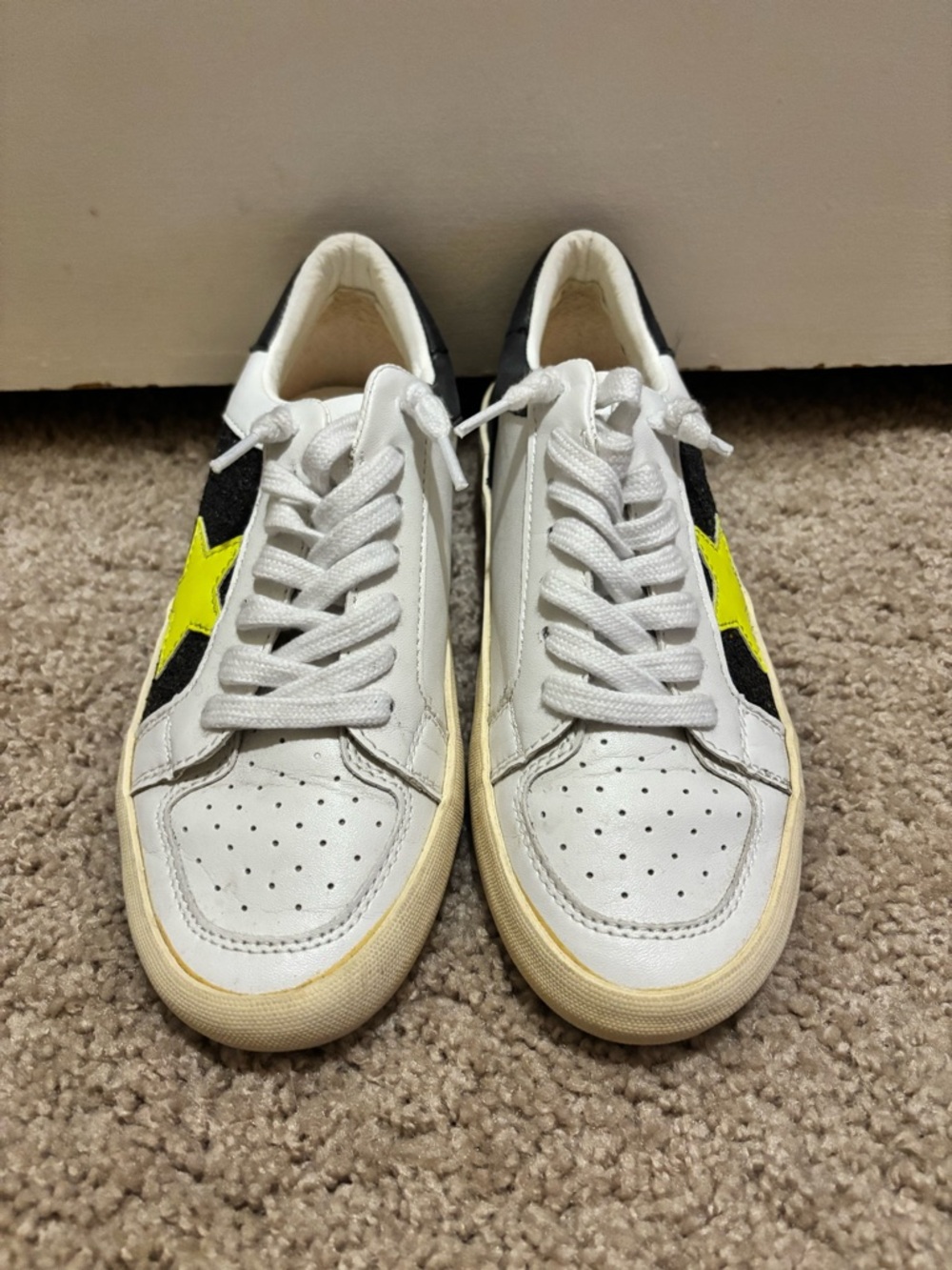 Vintage Havana White Sneakers with Neon Yellow Star and Black Suede
